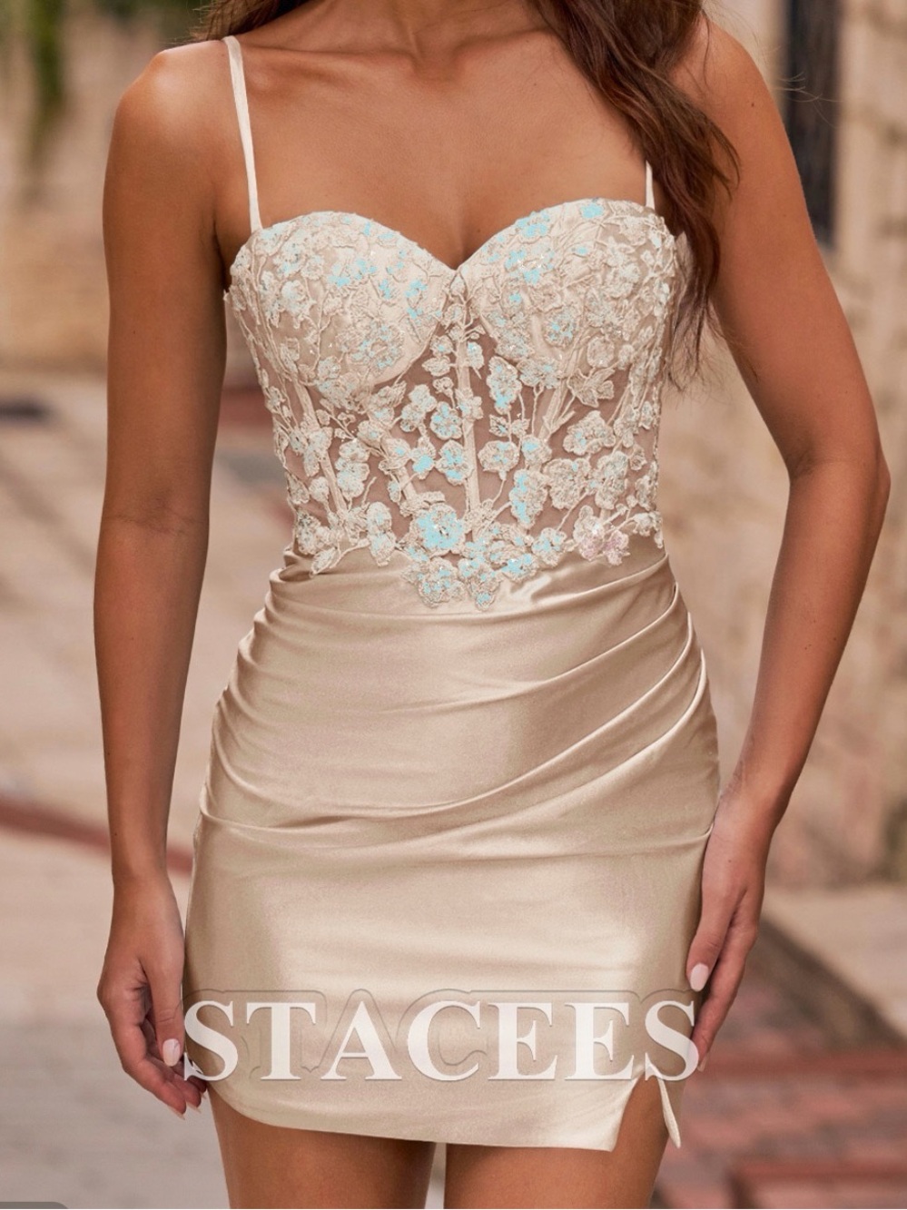 Stacees Champagne Lace Appliqué Bodycon Mini Dress